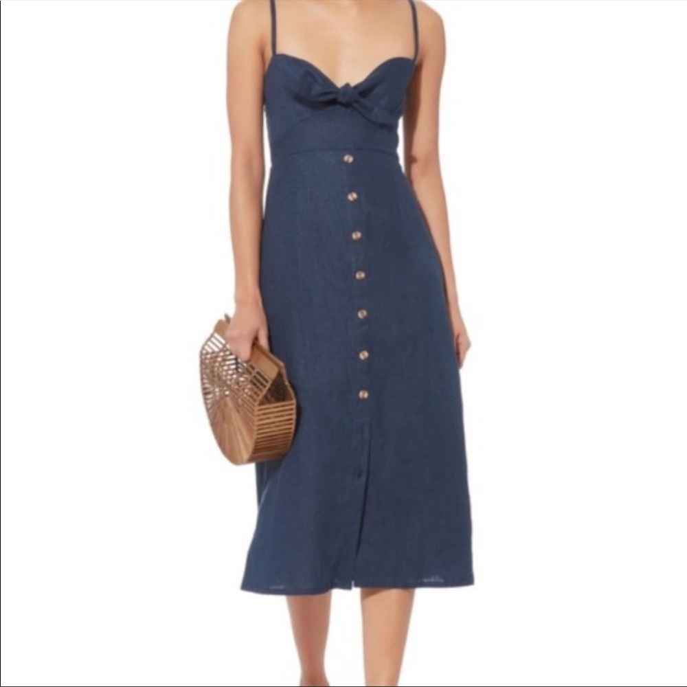 Faithful the Brand Charlotte Navy Linen Midi Dress, Size 4. Small